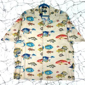 NAUTICA 90s Outdoor Camp Shirt Men's L Tan w Multicolor Ocean Fishes